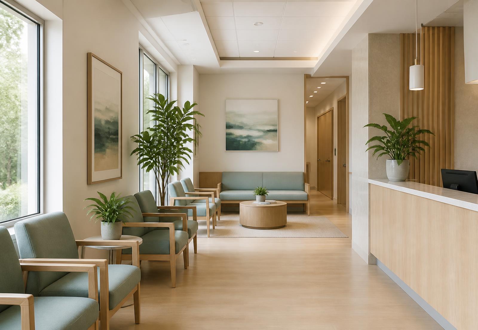A calm clinic reception and waiting area with soft daylight, upholstered chairs, and plants.
